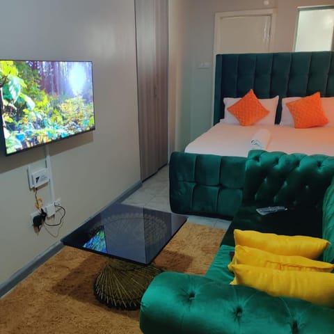 Bed, TV and multimedia, Living room, Seating area, Evening entertainment, Bedroom