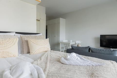 Bed, TV and multimedia, Living room, Photo of the whole room, Seating area, Bedroom, towels