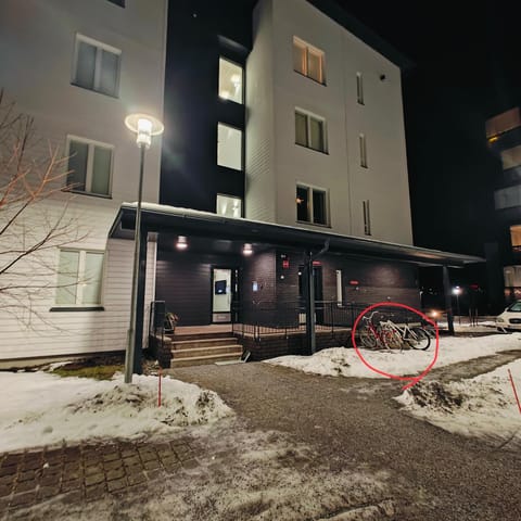 Property building, Night, Neighbourhood, Winter, Street view