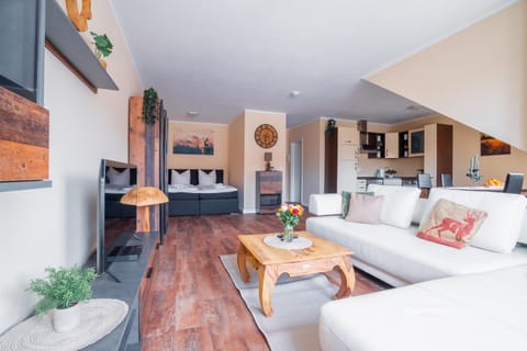 Bed, Living room, Seating area