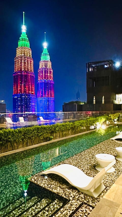 Property building, Night, City view, Pool view, Swimming pool