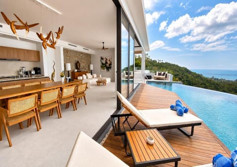 Patio, Day, Natural landscape, View (from property/room), Balcony/Terrace, Kitchen or kitchenette, Living room, Dining area, Mountain view, Pool view, Sea view, Swimming pool, Sunrise, Sunset, sunbed, kitchen