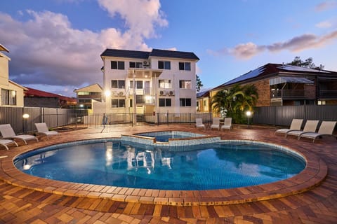 Property building, Night, Swimming pool