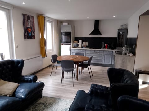 Kitchen or kitchenette, Living room, Seating area, Dining area, stove