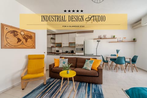 Kitchen or kitchenette, Living room, Seating area, Text overlay