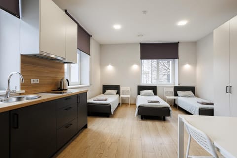 Bed, Kitchen or kitchenette, Seating area