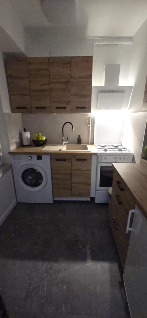 Kitchen or kitchenette, stove, washing machine