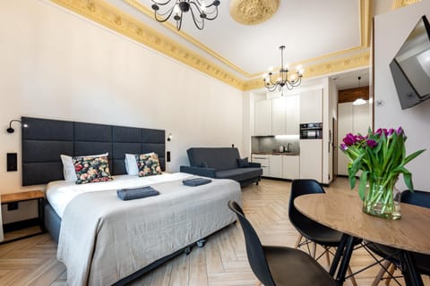 Bed, TV and multimedia, Living room, Photo of the whole room, Seating area, Dining area, Bedroom