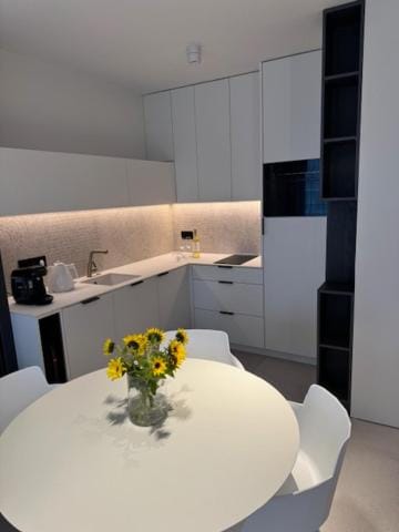 Kitchen or kitchenette, stove