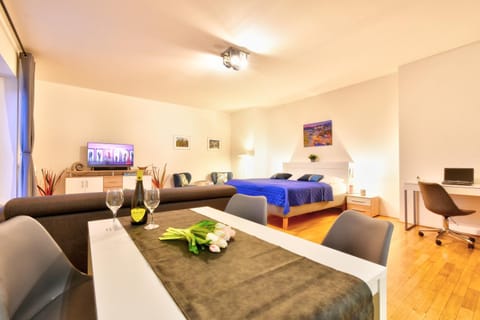 Bed, TV and multimedia, Living room, Photo of the whole room, Seating area, Dining area, Bedroom