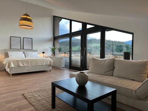 Bed, Natural landscape, Living room, Photo of the whole room, Seating area, Bedroom, Mountain view