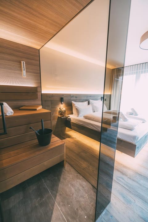 Bed, Sauna, Photo of the whole room, Bedroom, towels, wardrobe