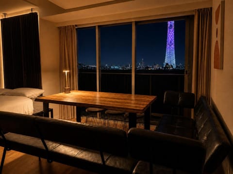 Night, Living room, Seating area, Dining area, Landmark view