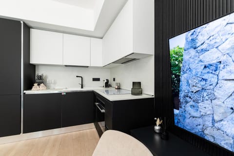 Kitchen or kitchenette, stove