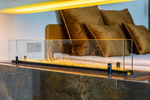 Bed, fireplace