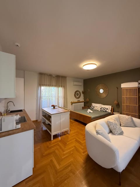 Kitchen or kitchenette, Living room, Seating area, Bedroom