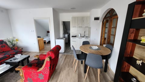 Kitchen or kitchenette, Living room, Seating area, Dining area