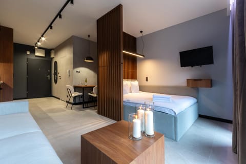 Bed, TV and multimedia, Living room, Photo of the whole room, Seating area, Bedroom
