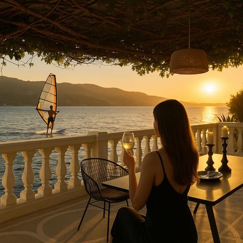 Patio, Day, Natural landscape, View (from property/room), Balcony/Terrace, Dining area, Sea view, Sunrise, Sunset, group of guests