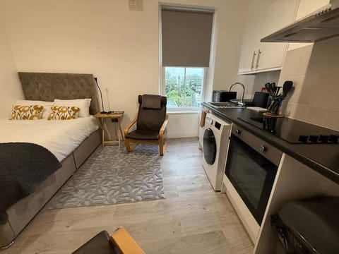 Bed, Coffee/tea facilities, Kitchen or kitchenette, Living room, Photo of the whole room, Seating area, oven, stove, toaster