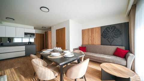 Kitchen or kitchenette, Living room, Seating area, Dining area