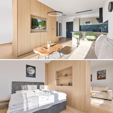 Bed, TV and multimedia, Kitchen or kitchenette, Living room, Photo of the whole room, Seating area, Bedroom, towels, wardrobe, air conditioner