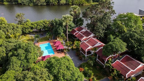 Property building, Natural landscape, Bird's eye view, Garden view, Pool view, River view, Swimming pool
