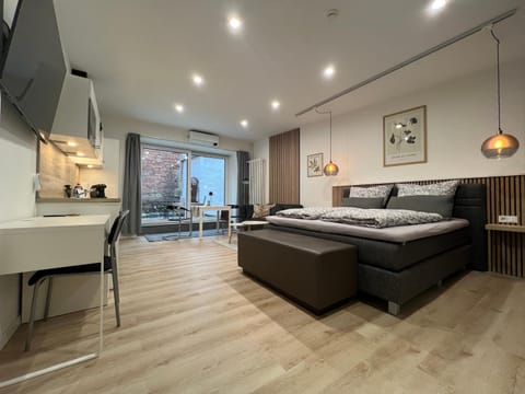 Bed, TV and multimedia, Living room, Seating area, Bedroom