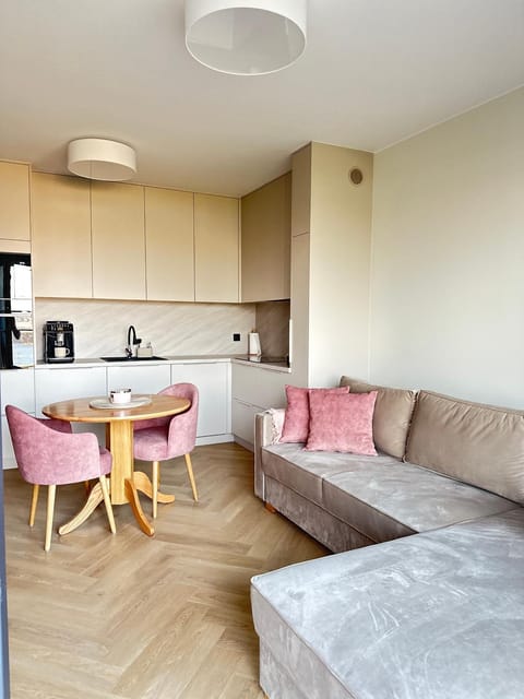 Kitchen or kitchenette, Living room, Seating area, Dining area