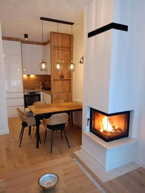 Kitchen or kitchenette, Dining area, fireplace