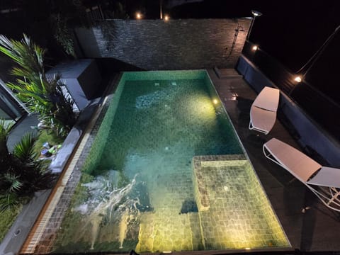 Patio, Night, Natural landscape, Pool view, Swimming pool, sunbed
