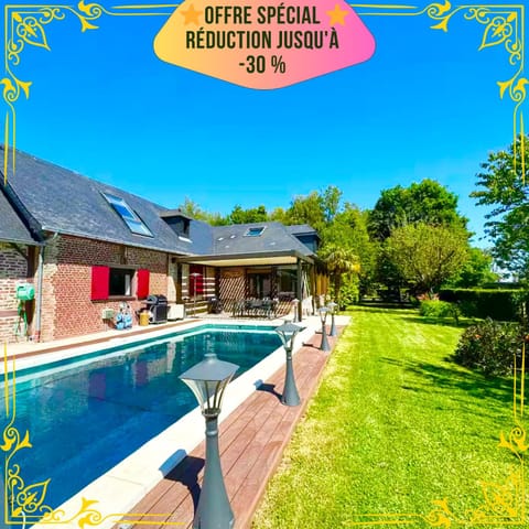 Property building, Patio, Spring, Day, Garden, Text overlay, Garden view, Pool view, Swimming pool, sunbed