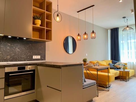 Kitchen or kitchenette, Living room, Seating area, Dining area, dishwasher, oven, stove