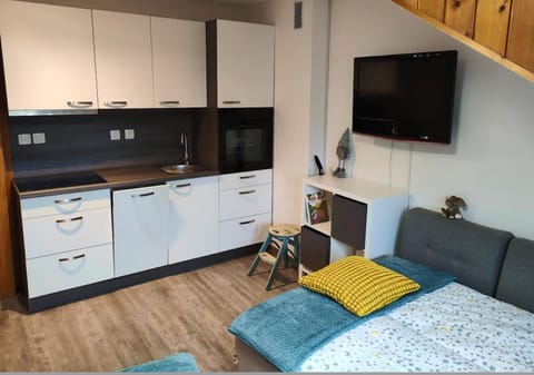 Bed, TV and multimedia, Kitchen or kitchenette, Bedroom, oven, stove