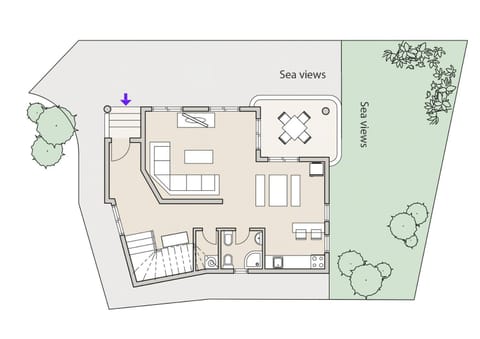 Shower, Property building, Patio, BBQ facilities, Bathroom, TV and multimedia, Balcony/Terrace, Kitchen or kitchenette, Living room, Floor plan, Dining area, Sea view