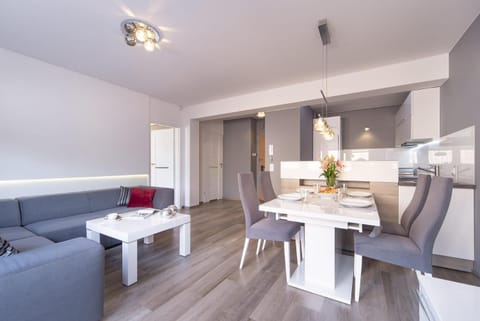 Kitchen or kitchenette, Living room, Seating area, Dining area