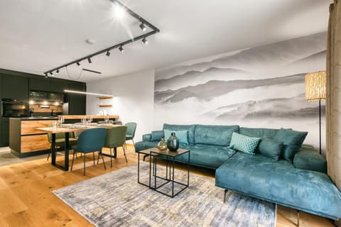 Living room, Dining area, fireplace, kitchen