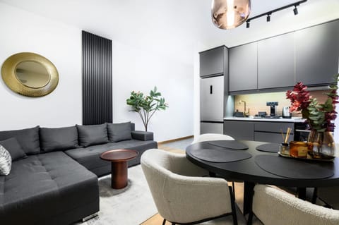 Kitchen or kitchenette, Living room, Seating area, Dining area