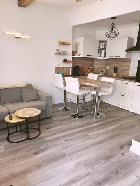 Kitchen or kitchenette, Living room, Seating area, Dining area, stove