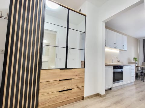 Kitchen or kitchenette, dishwasher, oven, stove