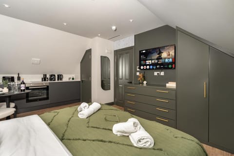 Bed, TV and multimedia, Kitchen or kitchenette, Photo of the whole room, Bedroom, towels, wardrobe