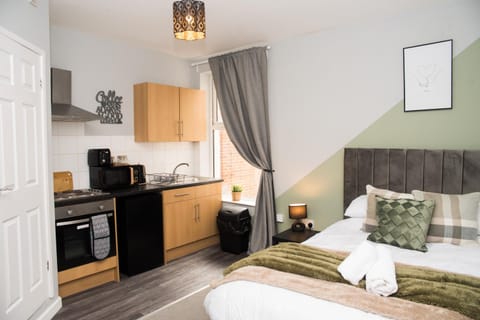 Bed, Coffee/tea facilities, Kitchen or kitchenette, Photo of the whole room, oven, stove