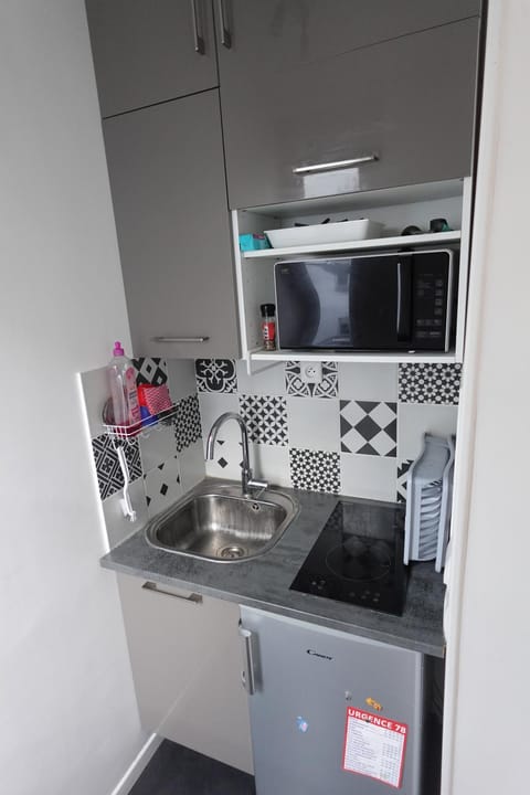 Kitchen or kitchenette, microwave, stove