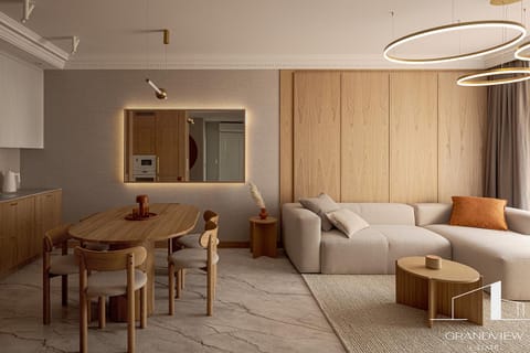 Kitchen or kitchenette, Living room, Seating area, Dining area