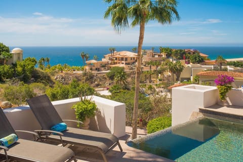 Property building, Patio, Nearby landmark, Spring, Day, Natural landscape, View (from property/room), Balcony/Terrace, Seating area, Pool view, Sea view, Swimming pool, sunbed