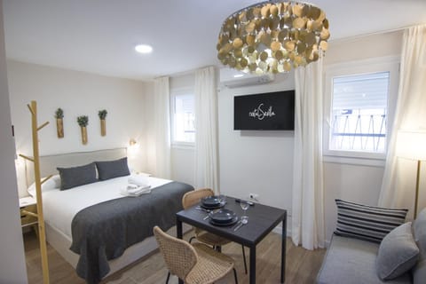 Bed, TV and multimedia, Living room, Photo of the whole room, Seating area, Dining area, Bedroom, towels, air conditioner