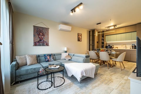 Kitchen or kitchenette, Living room, Seating area, Dining area, air conditioner