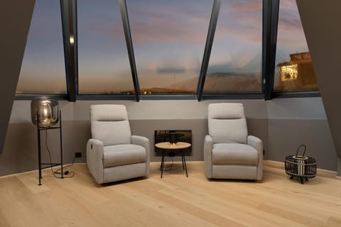 Winter, View (from property/room), Living room, Seating area, City view, Mountain view