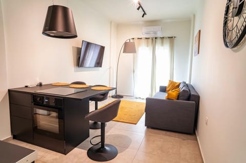 TV and multimedia, Kitchen or kitchenette, Living room, Photo of the whole room, Decorative detail, Seating area, Dining area, furniture, air conditioner