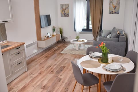 Kitchen or kitchenette, Living room, Seating area, Dining area